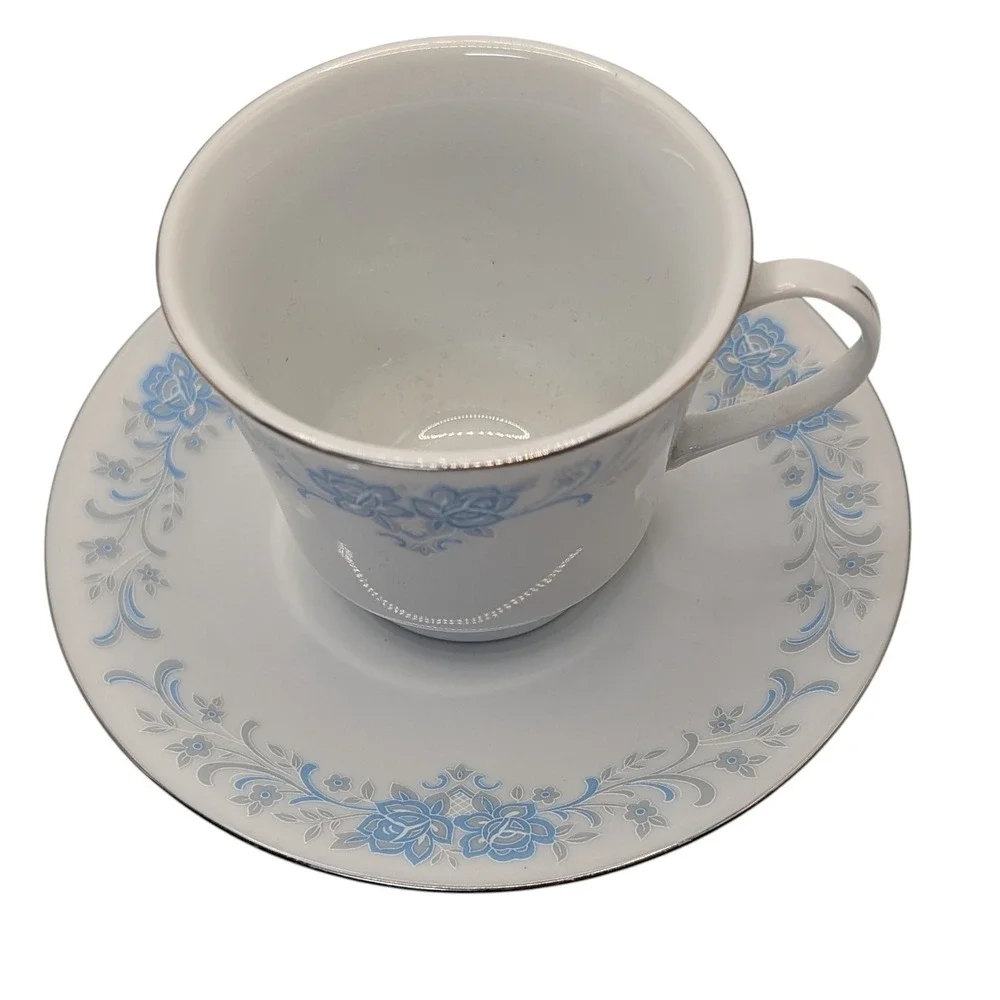 Vintage China‎ Teacup and Saucer Footed Blue and Gray Floral Platinum Edge